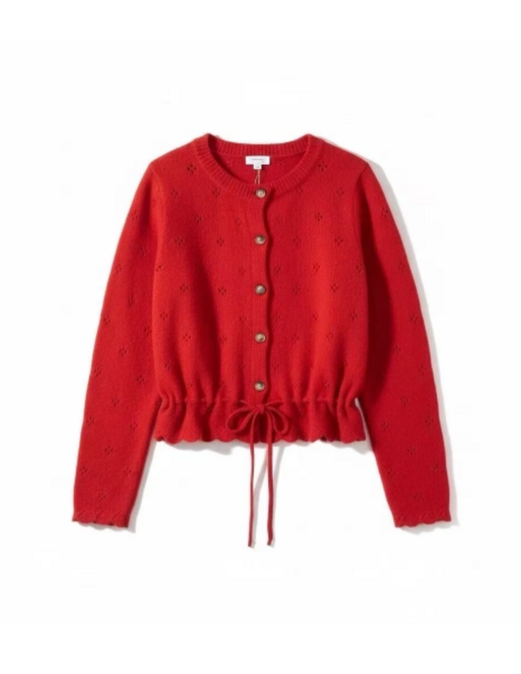 Sillie bottom ruffle waist tie cardigan - red