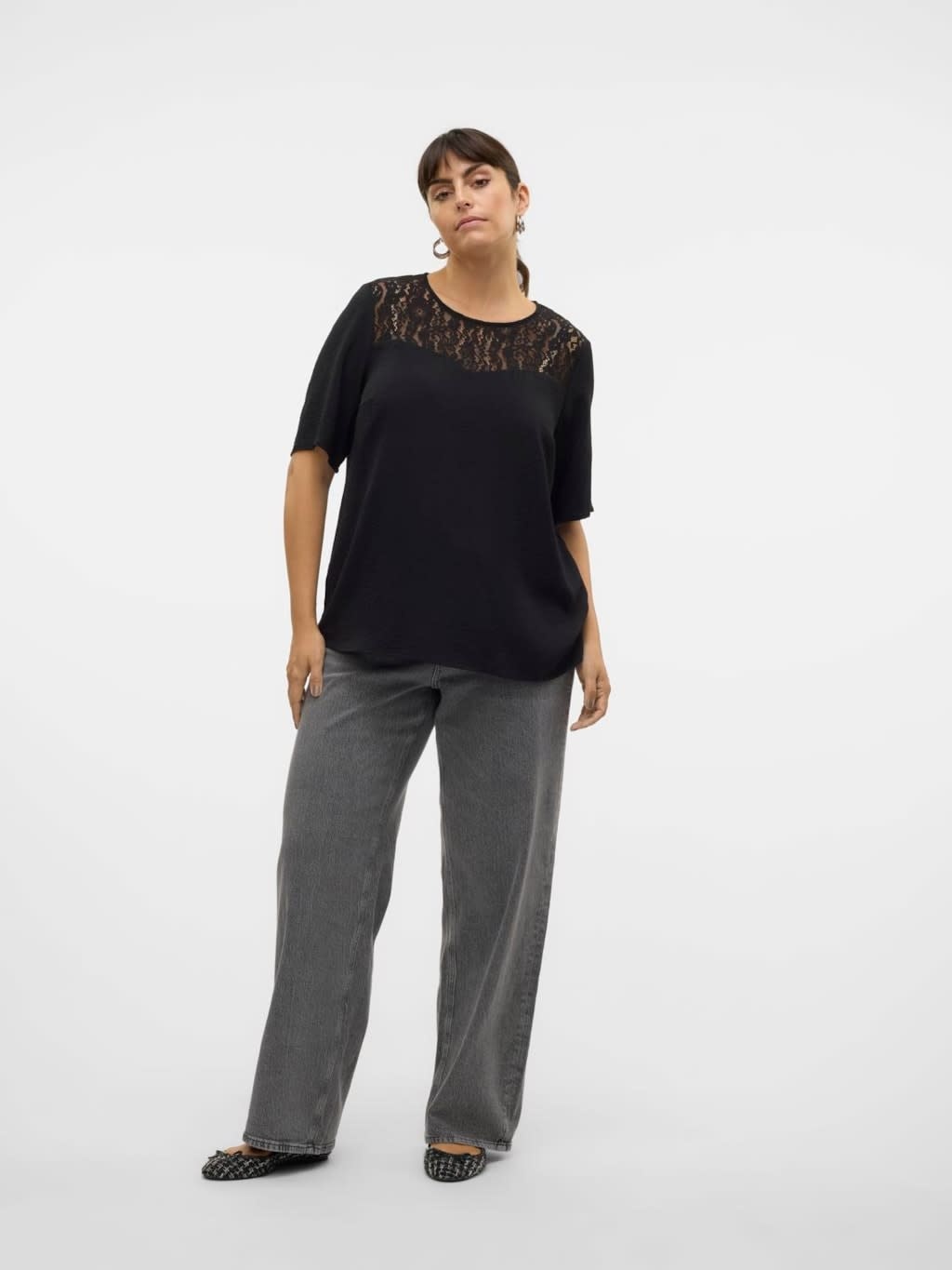 Vero Moda Curve VMCALVA LACE SS TOP PA WVN GA CUR