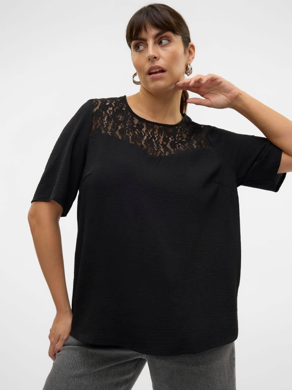 Vero Moda Curve VMCALVA LACE SS TOP PA WVN GA CUR