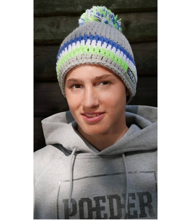 Skimuts - gehaakte muts - Beanie grijs, groen, wit en blauw - heren