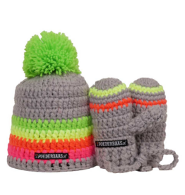 Bunte Babym√ºtze mit Handschuhen - grau / gr√ºn / gelb / pink