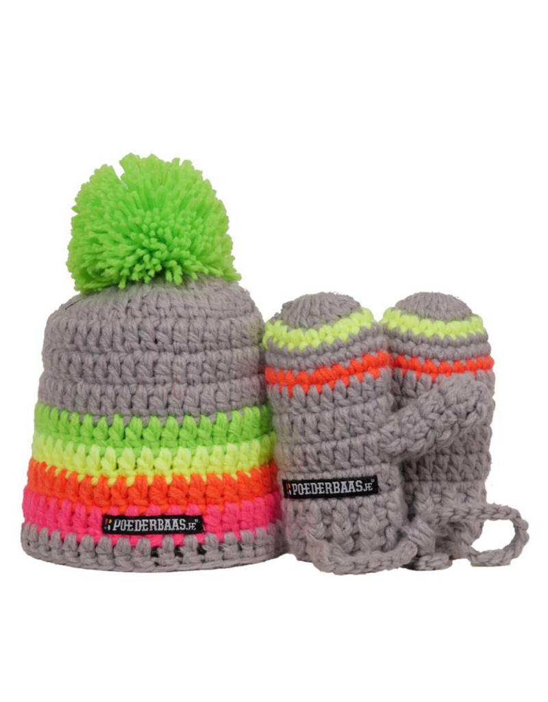 Bunte Babymütze mit Handschuhen - grau / grün / gelb / pink