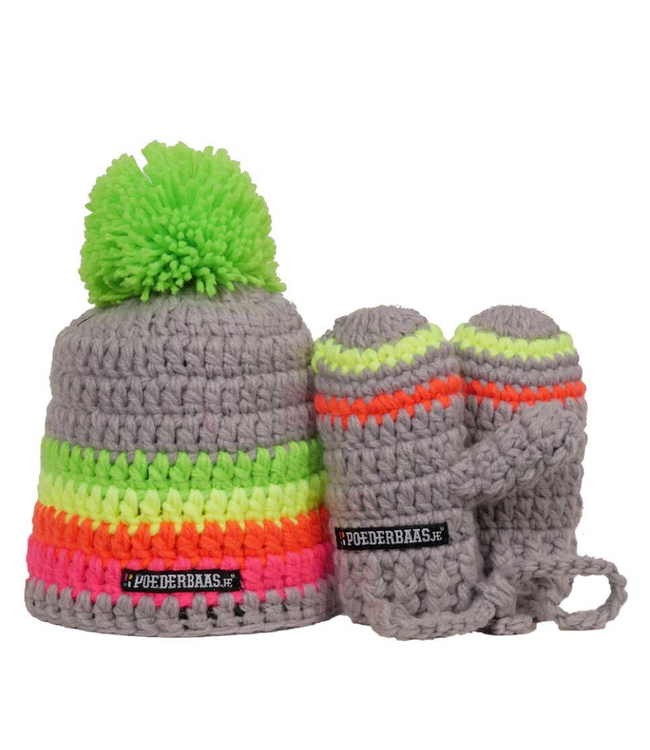 Colorful baby hat with gloves - gray / green / yellow / pink