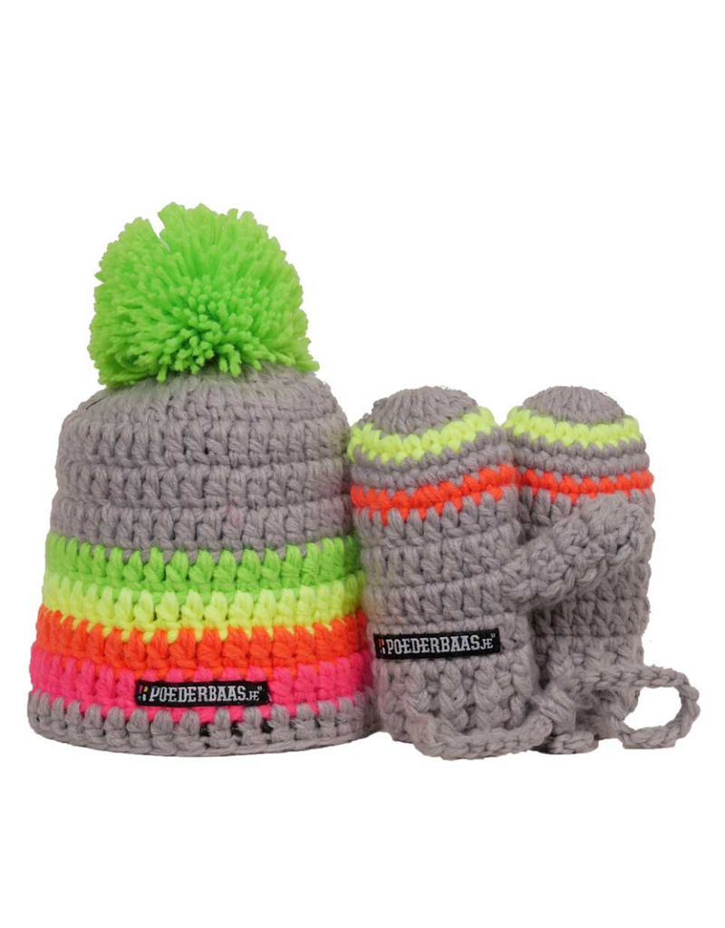 Bunte Babymütze mit Handschuhen - grau / grün / gelb / pink