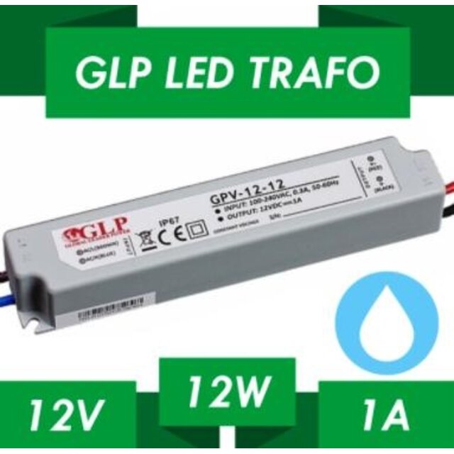 LED voeding 12W 12VDC 1A CV - Waterdicht IP67 - GLP GPV-12-12