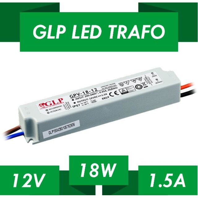 LED voeding 18W 12VDC 1,5A CV - Waterdicht IP67 - GLP GPV-18-12