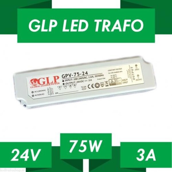 GLP LED voeding  LED voeding 75W 24VDC 3A CV – Waterdicht IP67 – GLP GPV-75-24