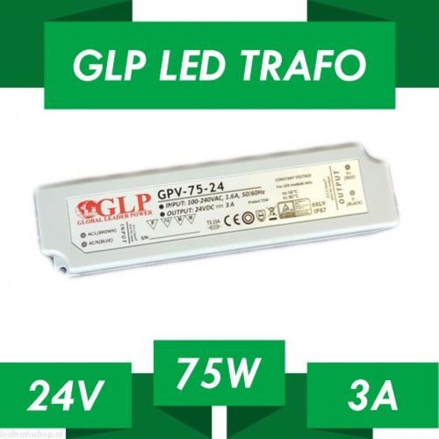 LED voeding 75W 24VDC 3A CV – Waterdicht IP67 – GLP GPV-75-24