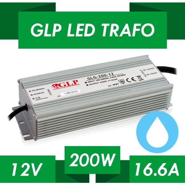 GLP LED voeding  LED voeding 200W 12VDC 16,6A CV - Waterdicht IP67 - GLP GPV-200-12