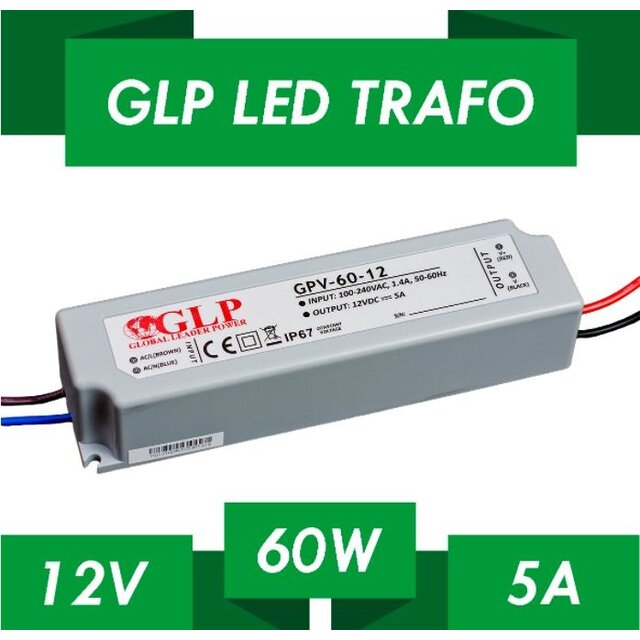 LED voeding 60W 12VDC 5A CV - Waterdicht IP67 - GLP GPV-60-12