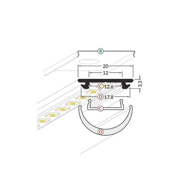 Luksus LED profielen Wit Buigbaar LED profiel inclusief half ronde opaal klikafdekking 20mm x 3,3mm - F12WIT