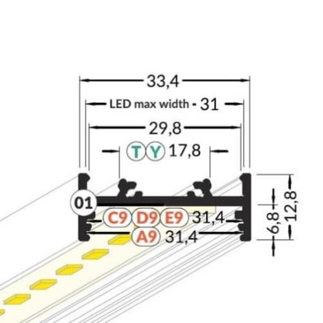 Zwart breed LED XL profiel inclusief opaal afdekking 33,4mm x 12,8mm - XL10ZWART