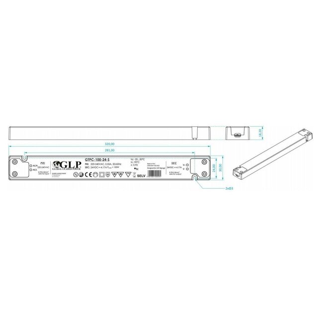 SLIM LED voeding 100 watt 24 volt 4,17 Ampère – IP20 – compact – GLP - GTPC-100-24-S