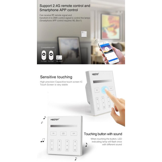 DMX Enkel kleurige LED wanddimmer – DMX 512 en Draadloos MIBOXER – X1