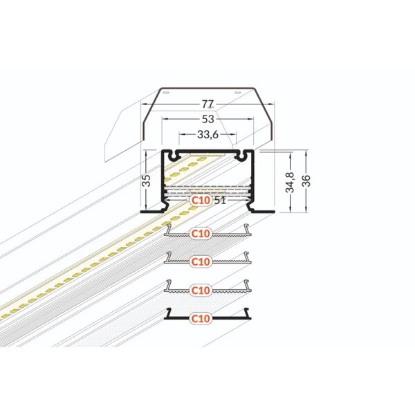 Luksus LED profielen LED XL profiel inclusief opaal klikafdekking 77mm x 36mm - XL12ALU