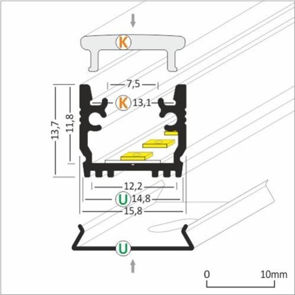 Luksus LED profielen LED vloerprofiel inclusief extra dikke klikafdekking 15,8 mm x 13,70 mm – VLOER12