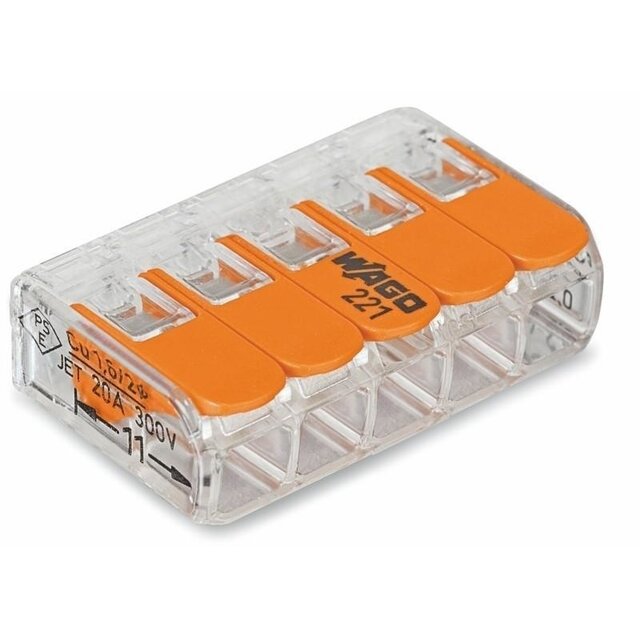 WAGO 221-415 LED strip Lasklem voor 5 kabels - 5 draads - kabel splitter - WAGO