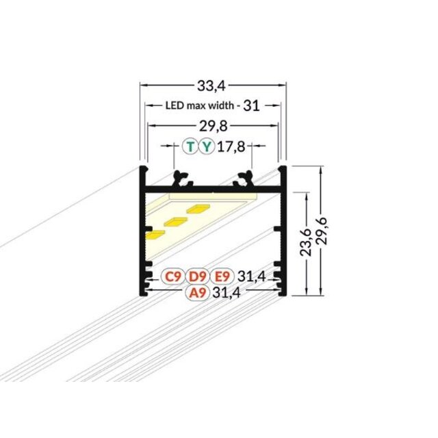 Wit LED XL profiel inclusief afdekking 33,4mm x 29,6mm - XL11WIT