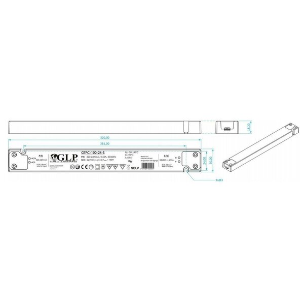 GLP LED voeding  SLIM LED voeding 60 watt 24 volt 2.5 Ampère – IP20 – compact – GLP - GTPC-60-24-S