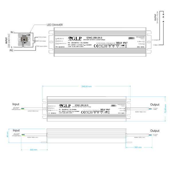 GLP LED voeding  Waterdichte fase afsnijding dimbare LED voeding 200 watt 24 volt 8,3 ampere – IP67 GTMC-200-24-D