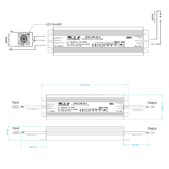 Waterdichte fase afsnijding dimbare LED voeding 200 watt 24 volt 8,3 ampere – IP67 GTMC-200-24-D