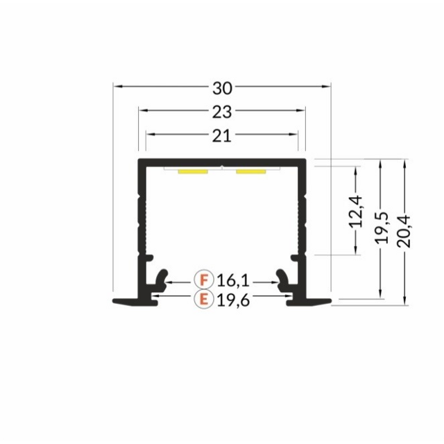 LED inbouw profiel met afdekking 30mm X 20,4mm – 20INBOUW-ALU