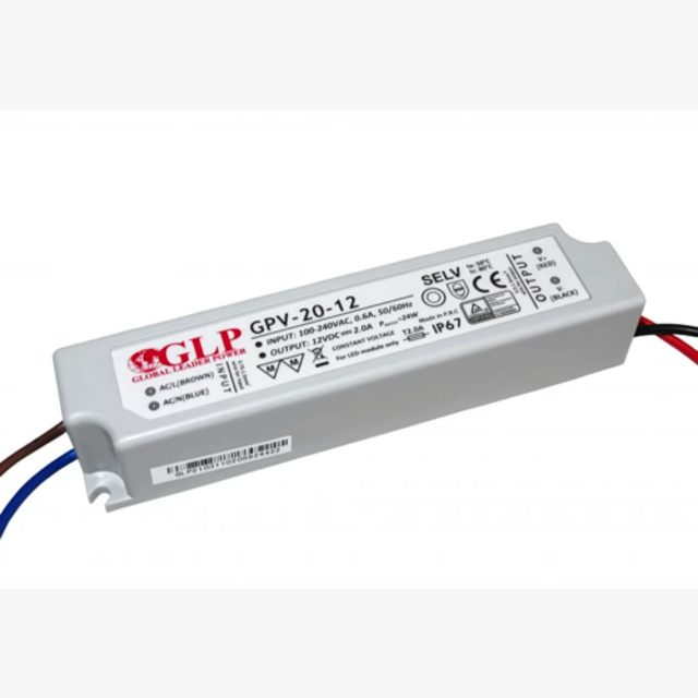 LED voeding 20W 12VDC 2A CV - Waterdicht IP67 - GLP GPV-20-12