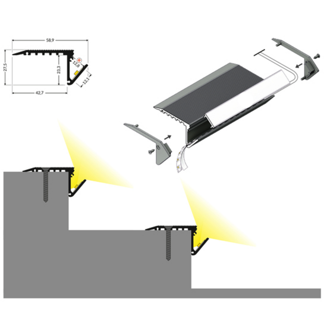 LED trapprofiel inclusief opaal klikafdekking 58,9mm x 27,5mm – B12ALU