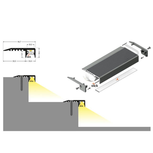 LED trapprofiel inclusief opaal klikafdekking 46,6mm x 14,1mm – M10ALU