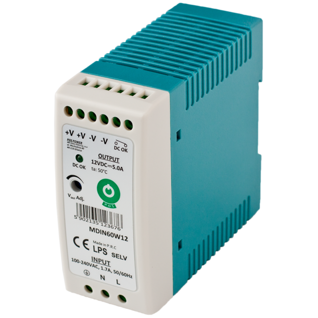 DIN Rail LED Voeding 60 watt 12 volt 5 Ampère - IP20 - MDIN60W12