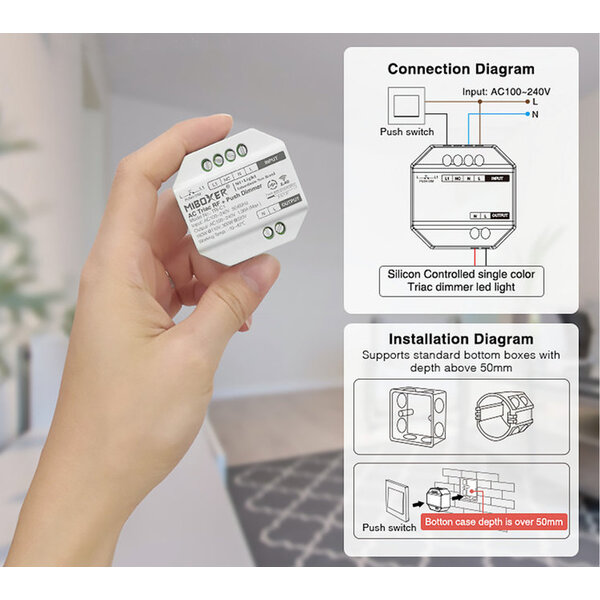 Miboxer MiBoxer draadloze zigbee + 2,4ghz AC TRIAC LED dimmer – Draadloze Fase afsnijding Dimmer – Miboxer TR1-C1ZE