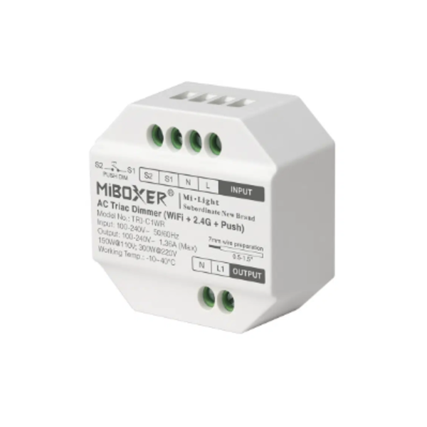 Miboxer MiBoxer draadloze WIFI + 2,4ghz AC TRIAC LED dimmer – Draadloze Fase afsnijding Dimmer – Miboxer TR1-C1ZWR