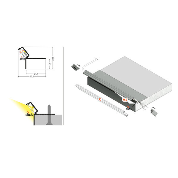 Luksus LED profielen LED gipsplaat plafond inclusief opaal klikafdekking 37 mm x 25,90 mm - PLAFOND12UPALU