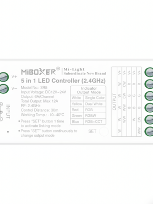 5 in 1 LED controller voor Single Color/Dual White/RGB/RGBW/RGBWW/RGBCCT LED strips 12-24v - SR5