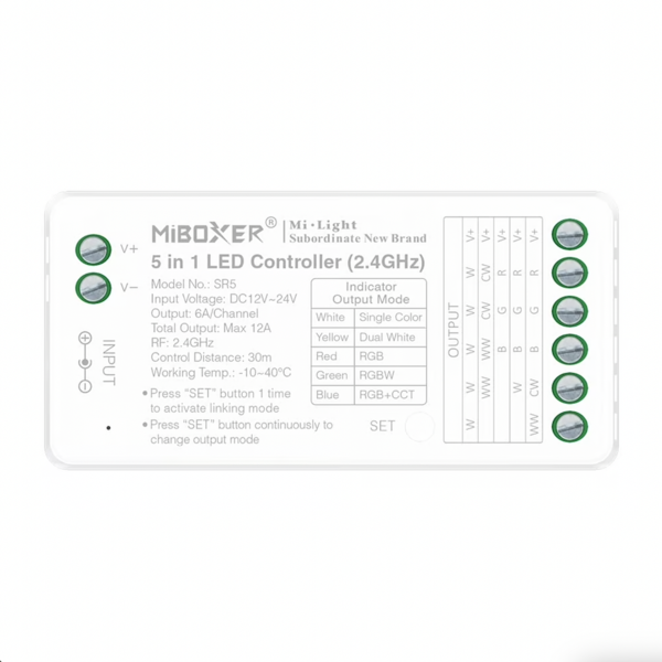 Miboxer 5 in 1 LED controller voor Single Color/Dual White/RGB/RGBW/RGBWW/RGBCCT LED strips 12-24v - SR5
