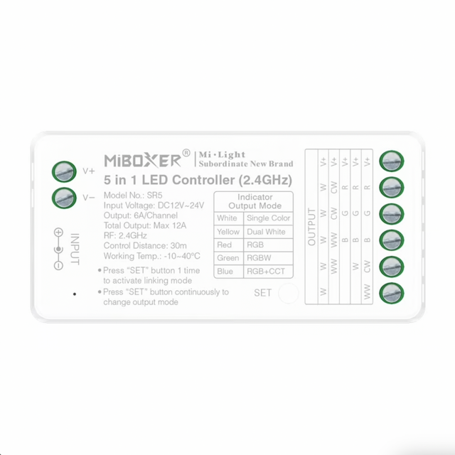 5 in 1 LED controller voor Single Color/Dual White/RGB/RGBW/RGBWW/RGBCCT LED strips 12-24v - SR5