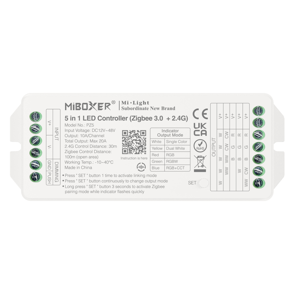 Miboxer Professionele 20 amp Zigbee 5-in-1 LED controller voor Single Color/Dual White/RGB/RGBW/RGBWW/RGBCCT LED strips 12-24-48v - PZ5