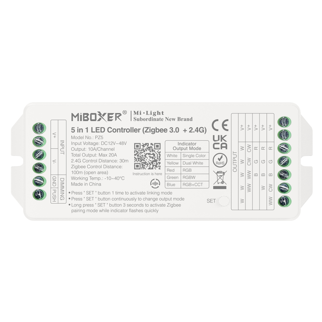 Professionele 20 amp TUYA Zigbee 5-in-1 LED controller voor Single Color/Dual White/RGB/RGBW/RGBWW/RGBCCT LED strips 12-24-48v - PZ5