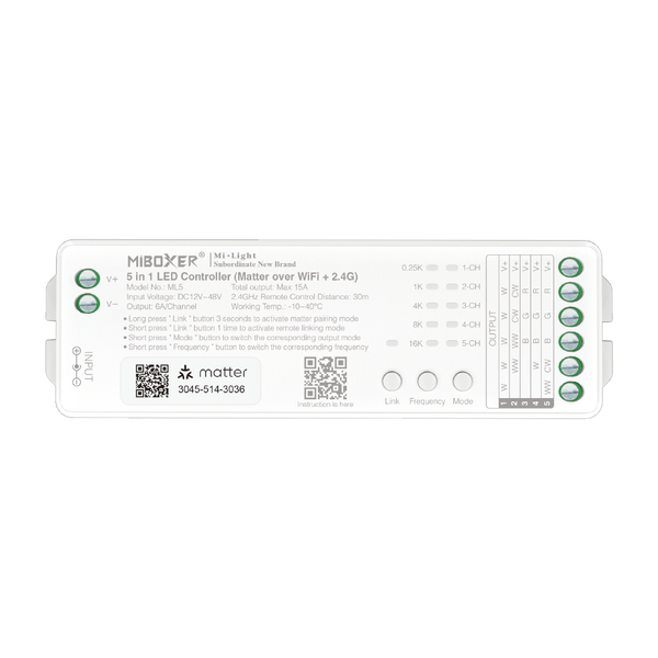 Miboxer Matter over wifi LED controller 5 in 1 - voor Single Color/Dual White/RGB/RGBW/RGBWW/RGBCCT LED strips 12-24-48v - ML5
