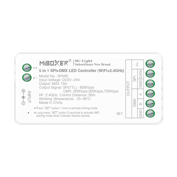Miboxer SPI+DMX DIGILED Controller 5-in-1 - Enkelkleurig/RGB/RGBW/RGBWW/RGBCCT 1024 pixel - 5V-12V-24V - Miboxer SPIW5