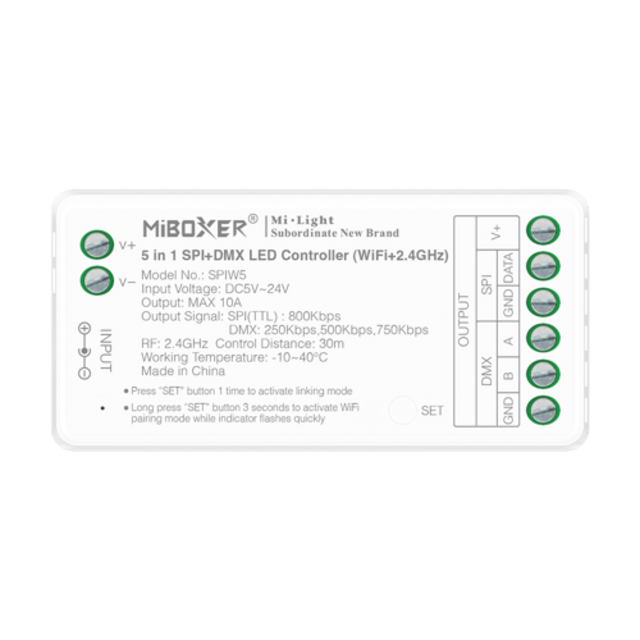 SPI+DMX DIGILED Controller 5-in-1 - Enkelkleurig/RGB/RGBW/RGBWW/RGBCCT 1024 pixel - 5V-12V-24V - Miboxer SPIW5