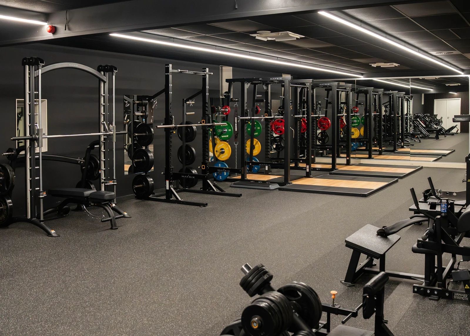Krachtzone met racks en doorlopende lineaire ledverlichting in Evolve Gym Almere