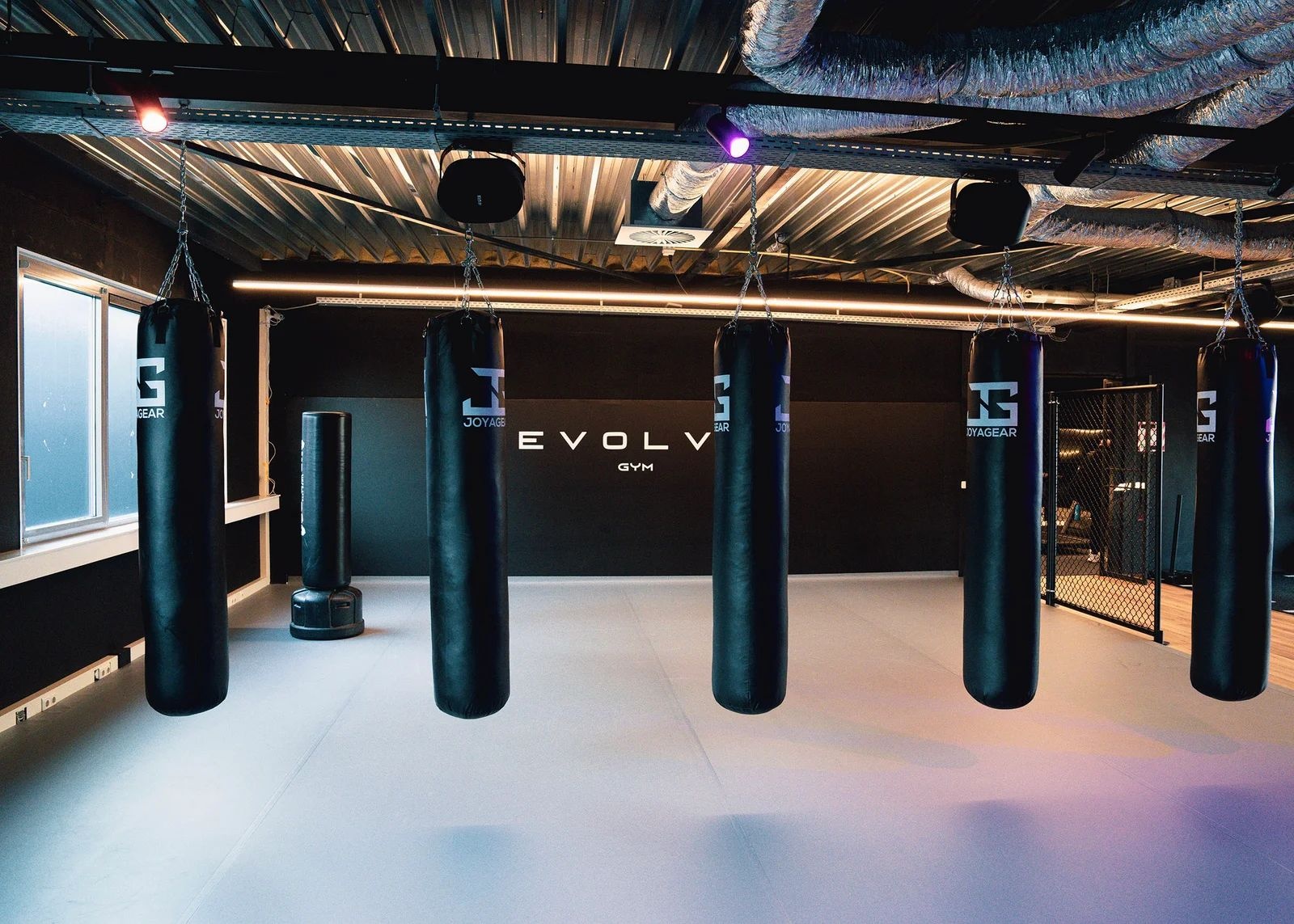 Fightzone met bokszakken en lineaire ledverlichting in Evolve Gym Almere