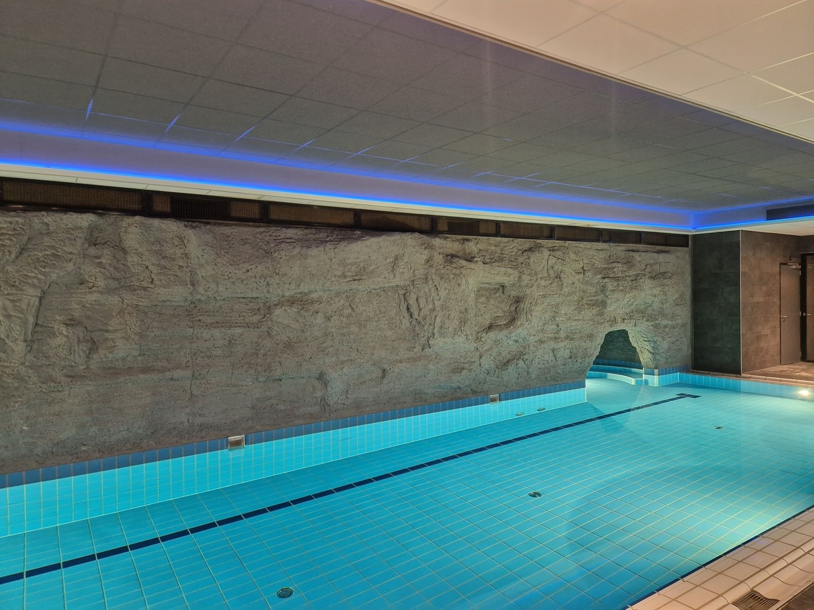 Zwembadruimte met blauwe LED lichtlijnen en rotsachtige muur. in Zwembad ruimte voorzien van LED lichtlijnen