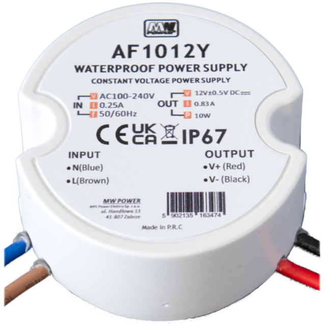 Wandcontactdoos Mini LED voeding 10 watt 12 volt 0,83 Ampère – IP67 waterdicht – AF1012Y