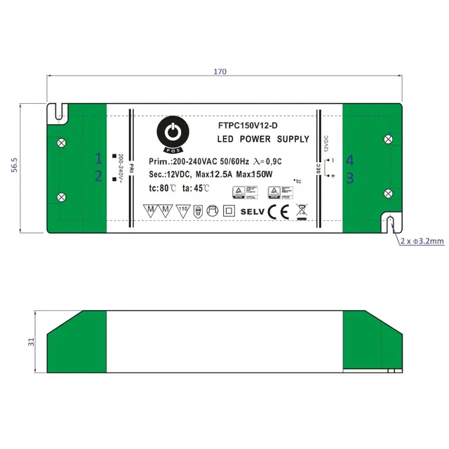 Dimbare LED voeding 24v 150w 6,25a dimbaar - IP20 - Fase afsnijding - FTPC150V24-D