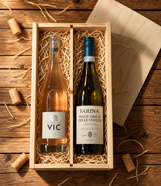 Wijngeschenk VIC rose & Farina Pinot Grigio 2 flessen in kist