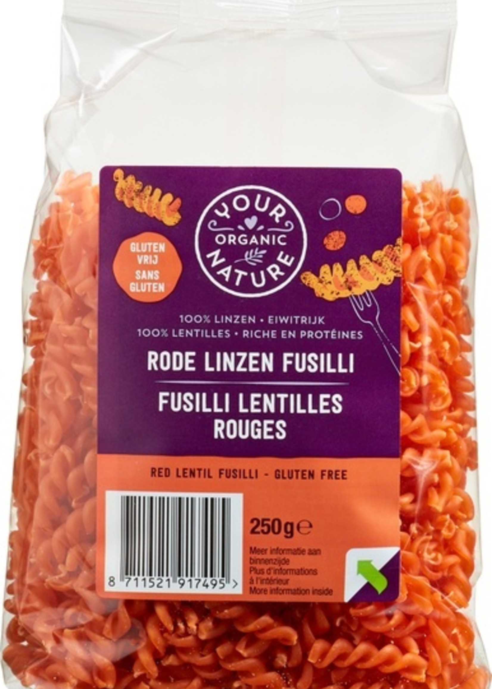 Your Organic Nat Rode linzen pasta glutenvrij Your Organic Nat 250g