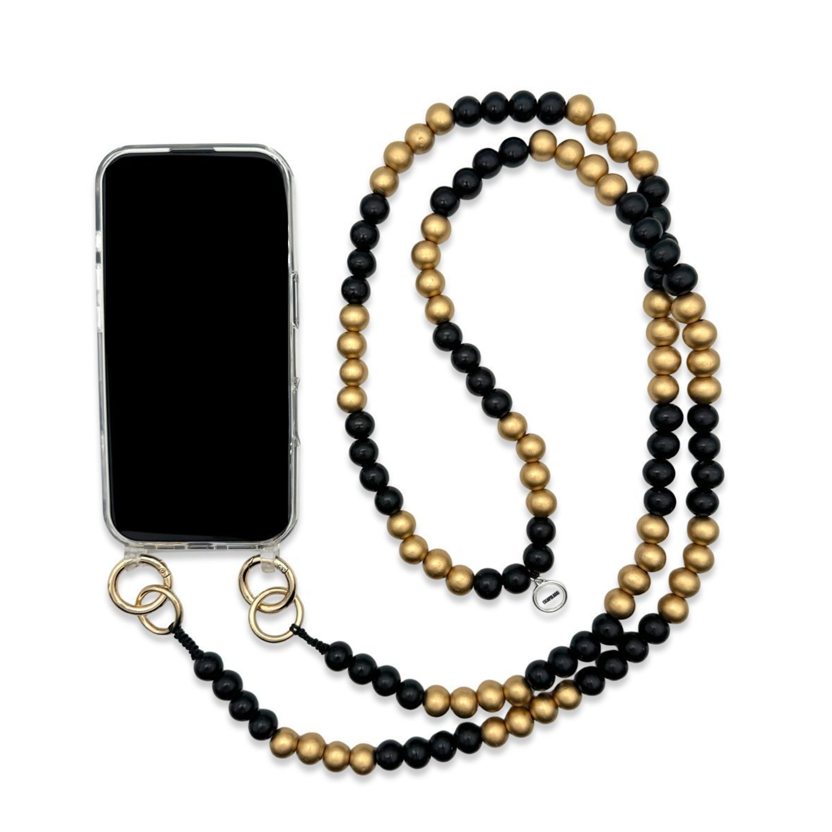 Chaîne à natel en perles en bois - Noir et Or