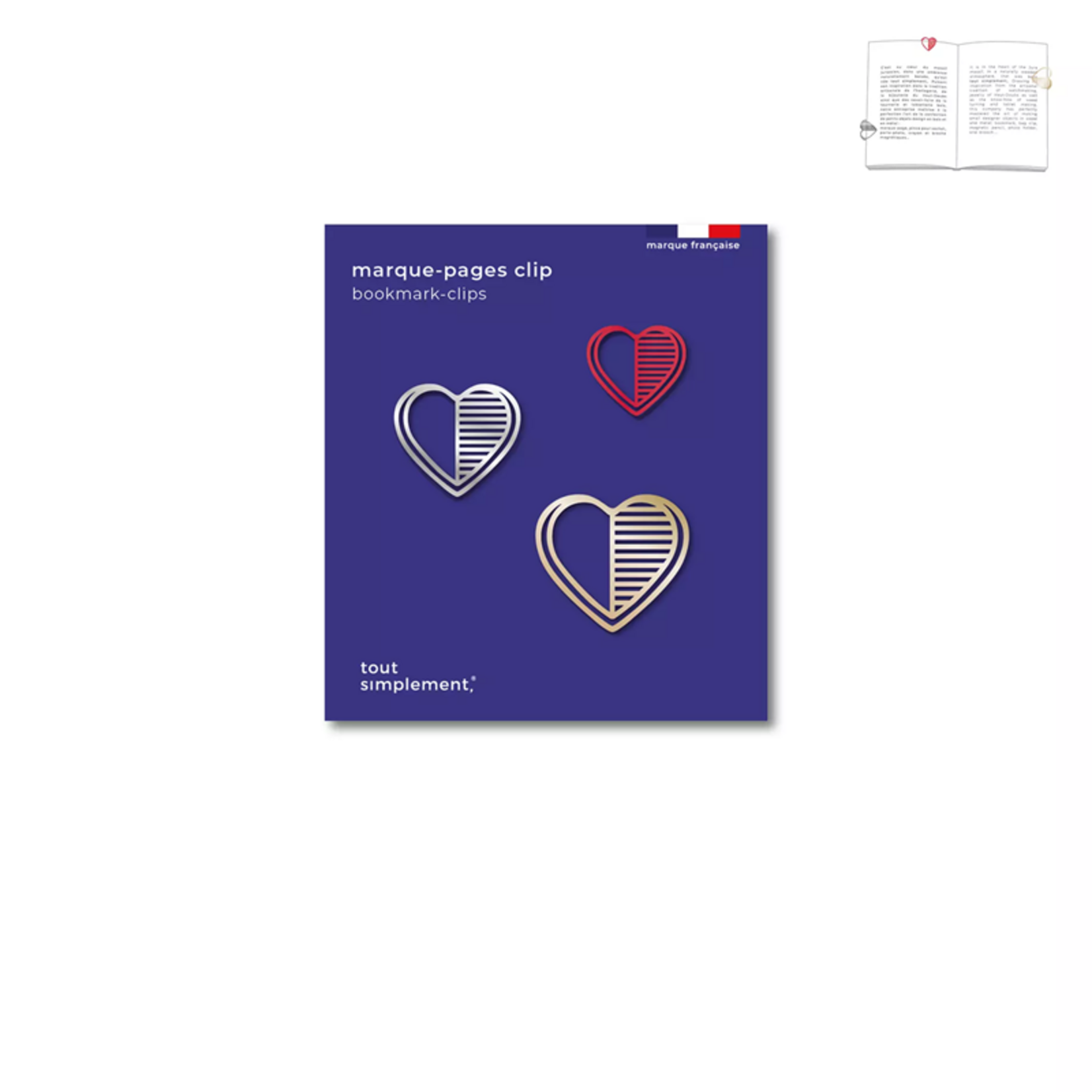 3 Marque-pages / clips en métal - coeur (rouge-mat-doré)